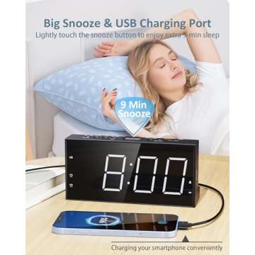 Loud Alarm Clock with Bed Shaker for Heavy Sleeper, Dual Vibrating Alarm Clock with USB Charger for Hearing-impaired Deaf, 7.5’’ Large LED Display with Dimmer, Snooze, 12/24H & Battery Backup