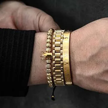 WFYOU 3PCS Stainless Steel Bracelets for Men Gold Roman Numeral Bangle Bracelet Twisted Cable Bracelet Adjustable Cuff Bracelet Mens Luxury Jewelry Bracelets Gifts(F:Gold)