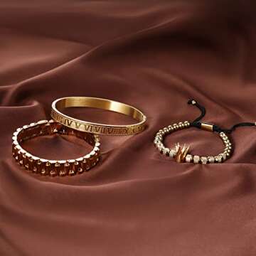 WFYOU 3PCS Stainless Steel Bracelets for Men Gold Roman Numeral Bangle Bracelet Twisted Cable Bracelet Adjustable Cuff Bracelet Mens Luxury Jewelry Bracelets Gifts(F:Gold)