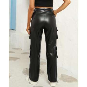 EZAPINE Women's PU Leather Cargo Pants High Waist Button Up Zipper Fly Pants Party Club Trousers wit...