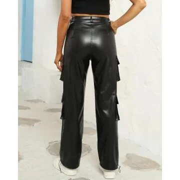 EZAPINE Women's PU Leather Cargo Pants High Waist Button Up Zipper Fly Pants Party Club Trousers wit...