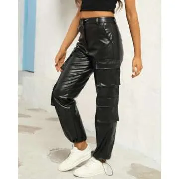 EZAPINE Women's PU Leather Cargo Pants High Waist Button Up Zipper Fly Pants Party Club Trousers with Flap Pockets Black