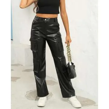 EZAPINE Women's PU Leather Cargo Pants High Waist Button Up Zipper Fly Pants Party Club Trousers with Flap Pockets Black