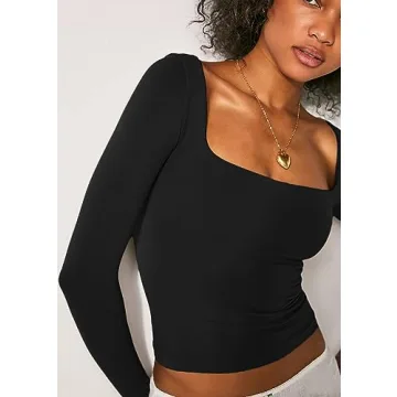 Beumissy Women's Long Sleeve Square Neck Slim Fit Top