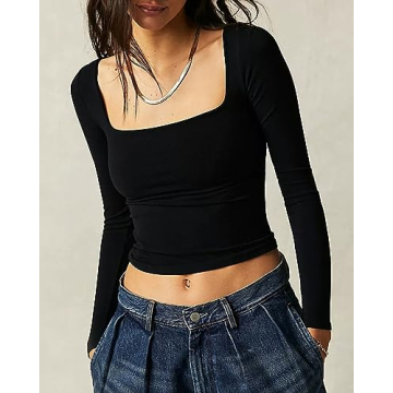 Beumissy Women's Long Sleeve Square Neck Slim Fit Top