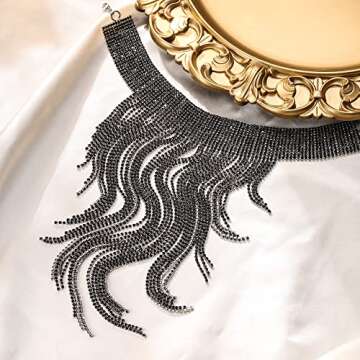 Flyonce Black Statement Collar Necklace for Women, Glitter Rhinestone Fringe Bib Necklaces Costume Jewelry for Wedding Prom Party Silver-Tone