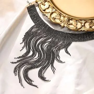 Flyonce Black Statement Collar Necklace for Women, Glitter Rhinestone Fringe Bib Necklaces Costume Jewelry for Wedding Prom Party Silver-Tone