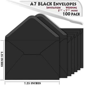 ASSTAONO-A7 Envelopes Black,100 Pack 5x7 Black Envelopes V Flap,Invitation Envelopes for 5x7 Cards,Photos,Wedding,Graduation,Announcements,Baby Shower,5.25 x 7.25 Inches