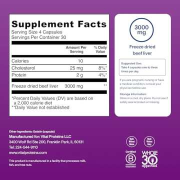 Vital Proteins Grass-Fed Desiccated Beef Liver Pills - (120 Capsules, 750mg Each)