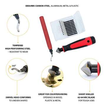 AFA Tooling - Extendable Neck Deburring Tool & Countersink Hand Reamer with 10 Extra Swivel Blades -...