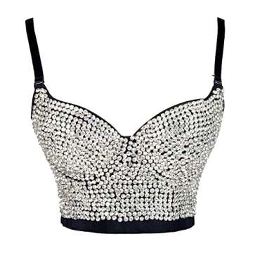 ELLACCI Women's Rhinestone Diamond Push up Bustier Crop Top Sexy Punk Corset Bra Black Large