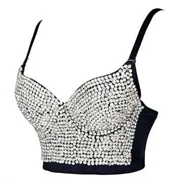 ELLACCI Women's Rhinestone Diamond Push up Bustier Crop Top Sexy Punk Corset Bra Black Large