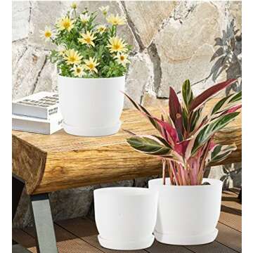 GardenBasix Planters Plant Pots with Tray 9'' 8'' 7.5'' Indoor Garden Outdoor Home Modern Decorative for All House Flowers Herbs (9'' + 8'' + 7.5'', White)