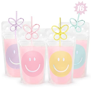 xo, Fetti Smiley Drink Pouches + Butterfly Straws - 16 Count | Fun & Colorful Party Essentials