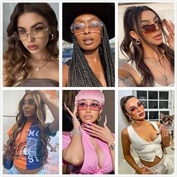 LASPOR 2 Pack Rectangle Rimless Sunglasses for Men Women Vintage Retro Square Gold Metal Frameless G...