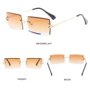 LASPOR 2 Pack Rectangle Rimless Sunglasses for Men Women Vintage Retro Square Gold Metal Frameless Glasses Tinted Lens（Tea Brown + Black）