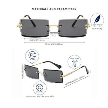 LASPOR 2 Pack Rectangle Rimless Sunglasses for Men Women Vintage Retro Square Gold Metal Frameless Glasses Tinted Lens（Tea Brown + Black）