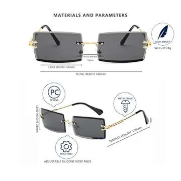 LASPOR 2 Pack Rectangle Rimless Sunglasses for Men Women Vintage Retro Square Gold Metal Frameless Glasses Tinted Lens（Tea Brown + Black）