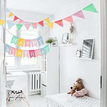 LifePassion Happy Birthday Banner with 24pcs Pennant Banner Flags, Assembled Durable Imitated Burlap Banner, Pastel Rainbow Birthday Party Decorations