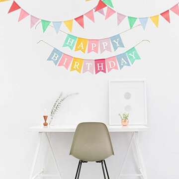LifePassion Happy Birthday Banner with 24pcs Pennant Banner Flags, Assembled Durable Imitated Burlap Banner, Pastel Rainbow Birthday Party Decorations