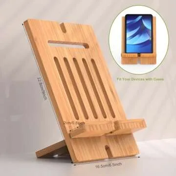 Pezin & Hulin Bamboo Tablet Stand Adjustable, Desktop Cell Phone Stand Holder Dock Compatible with Pad 9.7, 10.5, 12.9, Air 2 3 4 Mini, E-Reader, Phone 8 Plus X XS Max XR (Support to 4.7-13" Devices)
