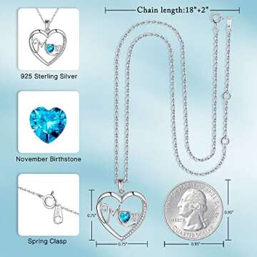 Iefil Birthstone Necklaces for Mom - Mothers Day Gifts Idea, Birthday Gifts for Mom, Swiss Blue Topaz Necklace, 925 Sterling Silver November Heart Birthstone Gifts for Mom, Jewelry Gifts for Mom