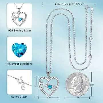 Iefil Birthstone Necklaces for Mom - Mothers Day Gifts Idea, Birthday Gifts for Mom, Swiss Blue Topaz Necklace, 925 Sterling Silver November Heart Birthstone Gifts for Mom, Jewelry Gifts for Mom