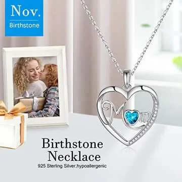 Iefil Birthstone Necklaces for Mom - Mothers Day Gifts Idea, Birthday Gifts for Mom, Swiss Blue Topaz Necklace, 925 Sterling Silver November Heart Birthstone Gifts for Mom, Jewelry Gifts for Mom