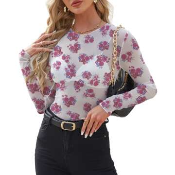 WIHOLL Floral Tops for Women Going Out Mesh Sheer Long Sleeve Fashion See Through Summer 2024 Trendy...