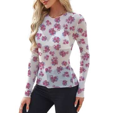 WIHOLL Floral Tops for Women Going Out Mesh Sheer Long Sleeve Fashion See Through Summer 2024 Trendy Tops Rose S