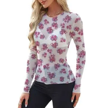 WIHOLL Floral Tops for Women Going Out Mesh Sheer Long Sleeve Fashion See Through Summer 2024 Trendy Tops Rose S