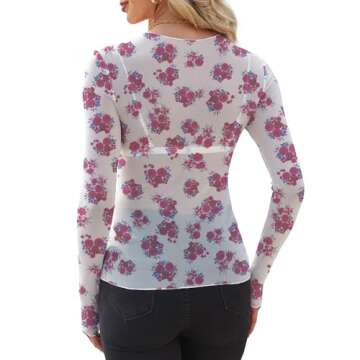 WIHOLL Floral Tops for Women Going Out Mesh Sheer Long Sleeve Fashion See Through Summer 2024 Trendy Tops Rose S