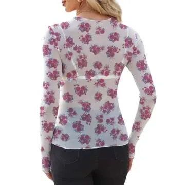 WIHOLL Floral Tops for Women Going Out Mesh Sheer Long Sleeve Fashion See Through Summer 2024 Trendy Tops Rose S