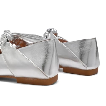 VOLEECE Silver Bow Ballet Flats Shoes for Women Bow Tie Slip On Mary Jane Flats Square Toe Casual Dress Ballerina Shoes