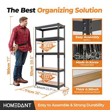 HOMEDANT 28"W x 12.3"D x 59.5"H 5-tier Boltless Metal Shelving Unit Adjustable Garage Storage Utilit...