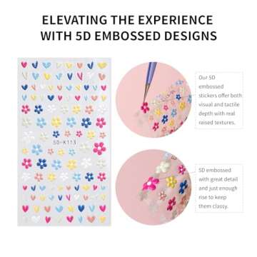 Flower Nail Art Stickers, 5D Embossed Nail Decals Nail Art Design Self Adhesive Nail Supplies with N...