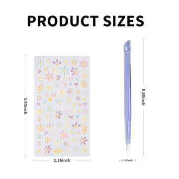 Flower Nail Art Stickers, 5D Embossed Nail Decals Nail Art Design Self Adhesive Nail Supplies with Nail Tweezer, Colorful Flower Nail Stickers for Women Manicure Decoration