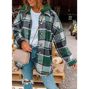 SHEWIN Women's Casual Plaid Hooded Flannel Shirts - Trendy & Versatile Shacket Jacket