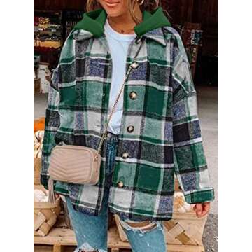 SHEWIN Casual Plaid Hooded Shacket for Stylish Comfort