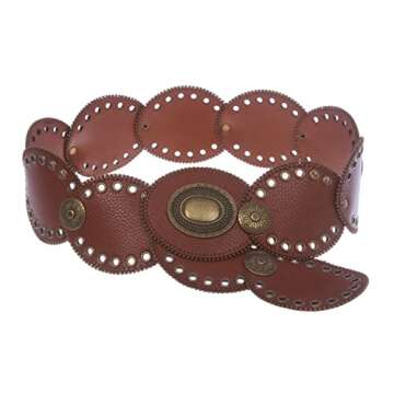 3 1/4" Wide Boho Oval Disc Concho Leather Disk Link Fashion Belt, Tan | l