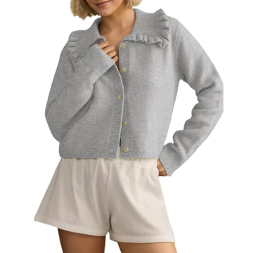 Ythomm Womens Ruffle Collar Cropped Cardigans Button Down Open Front Long Sleeve Knit Sweater Jacket...