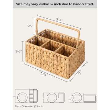StorageWorks Hand-Woven Wicker Silverware Organizer - Water Hyacinth Cutlery Holder for Countertop with Handle (1-Pack)