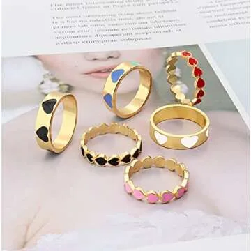 YOOESTORES82 2PCS Colorful Heart Ring Gold Band Rings Set for Women Couple Cute Love Heart Plain Stackable Finger Rings Wedding Preppy Jewelry Gift