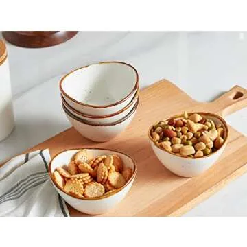 ONEMORE Ceramic Bowls, 8 oz Ice Cream Bowls Oval Snack Bowl Set of 6 Microwave Safe Small Serving Bowls with Speckled & Brown Rim for Charcuterie Board, Dessert, Dip, Cereal, Side Dishes, Creamy White