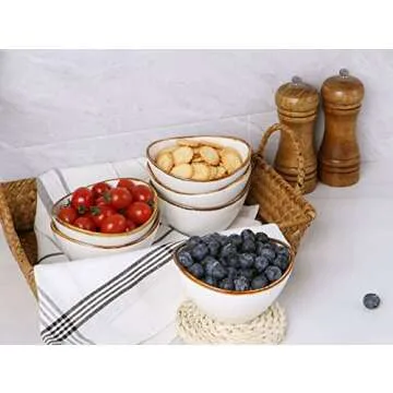 ONEMORE Ceramic Bowls, 8 oz Ice Cream Bowls Oval Snack Bowl Set of 6 Microwave Safe Small Serving Bowls with Speckled & Brown Rim for Charcuterie Board, Dessert, Dip, Cereal, Side Dishes, Creamy White