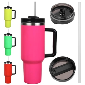 40oz Hot Pink Matte Tumbler with Handle - Stainless Steel Vacuum Insulated Travel Mug