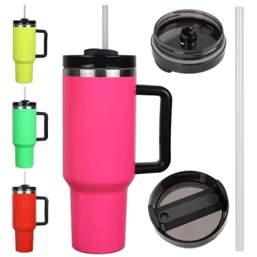 40oz Hot Pink Matte Tumbler with Handle - Stainless Steel Vacuum Insulated Travel Mug
