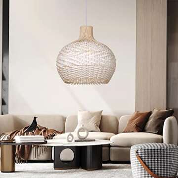 Arturesthome White Rattan Pendant Lights, Wicker Chandelier Boho Coastal Ceiling Lighting Fixture, N...