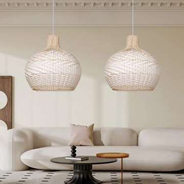 Arturesthome White Rattan Pendant Lights, Wicker Chandelier Boho Coastal Ceiling Lighting Fixture, Natural Woven Hanging Lamp for Kitchen Island Sink