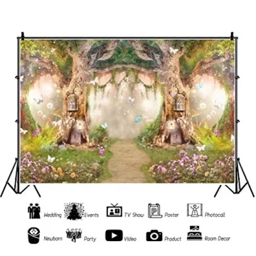 DASHAN Polyester 7x5Ft Spring Backdrop Magic Garden Fairy Tale World Grass Butterfly Wonderland Background for Kids Girl Baby Shower Birthday Party Decoration Studio Photography Banner Booth Props